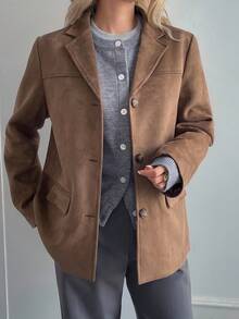 DAZY 女士翻领仿麂皮宽松休闲西装外套商务装 - 咖啡棕 - 查看 4