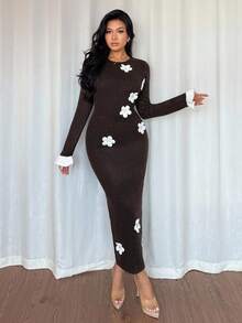 Chiquease Women's Elegant Brown Floral Long Bodycon Dress,Autumn Date Night 3D Floral Applique Backless Waist Cutout Long Sleeve Daisy Flower Dress - Coffee Brown - View 6
