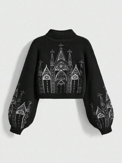 ROMWE Spring/Summer Carnival Party Casual Graphic Black Gothic Palace Embroidered Turtleneck Sweater