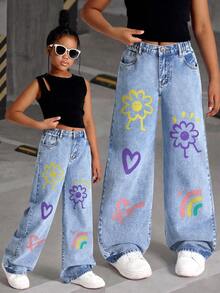 Tween Girls Y2K Style Jeans, Autumn/Winter New Arrival, Vintage Wash Effect, Casual Versatile All-Match, Minimalist Fashion, Loose Fit, Cute Print, Straight Leg, Everyday Wear, Girls Denim Pants For School, Social, Commute, Multi-Occasion Printed Jeans