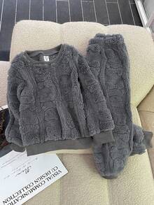 Young Boy 2-Piece Outfit,Soft Fleece Pullover Sweater With Cute Bear Jacquard Pattern & Drawstring Pants,Autumn,Family Matching Casual Loungewear Set - Grey - View 4