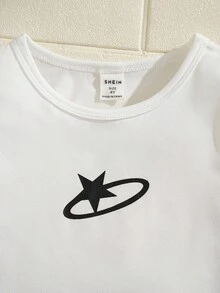 Explorewe 2件套少女休闲条纹印花T恤和松紧腰条纹打底裤套装 - 黑色 - 查看 4