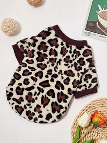 PETSIN 1件棕色豹纹蓬松加厚保暖圆领猫狗图案卫衣，适合秋冬季穿着 - 彩色 - 查看 2