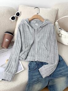 Tween Girls ME 宽松休闲罗纹纹理短款长袖连帽夹克，配有大口袋，适合日常通勤、休闲、度假、聚会、街头风格、秋冬 - 灰色 - 查看 1