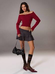 Flirla 女士纯色休闲露肩套头衫，百搭秋季新年服装 - 紅色 - 查看 4