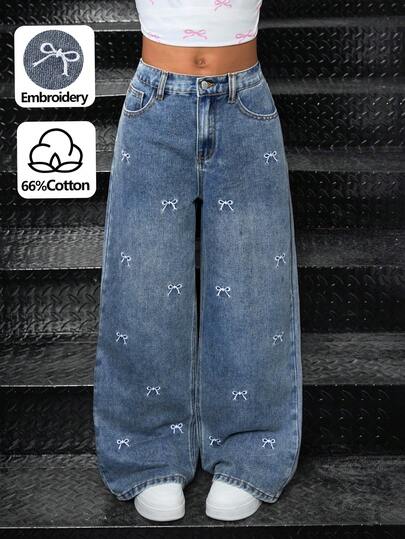 SHEIN Jeans anchos de cintura alta con bordado de flores y moño para niñas preadolescentes, estilo Y2K, lavado , con bolsillos, cómodos y versátiles, para niñas de 8 a 12 años, adecuados para la escuela, el hogar y los viajes