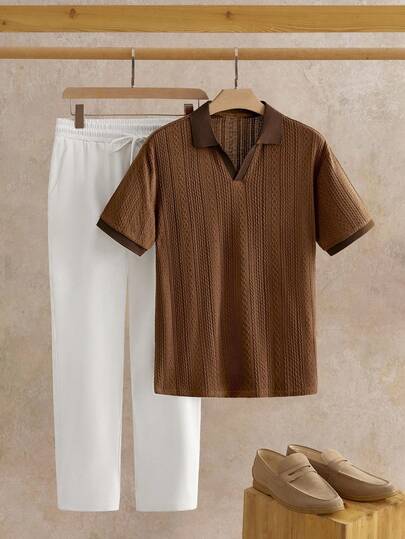 HIMLAND 2 件男士休闲提花 V 领 Polo 衫和抽绳腰直筒裤套装，夏季通勤户外派对纹理领短袖和裤子衬衫套装，沙滩套装，舒适服装