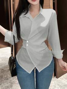 EMERY ROSE 女士纯色不对称下摆交叉裹身优雅长袖女式衬衫 - 淺灰色 - 查看 3