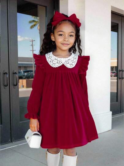 Toddler Girls' Long Sleeve Vintage Doll Dress, Elegant Fashion Elegant, Cute Cap Sleeve, Embroidered Peter Pan Collar Long Sleeve Dress, Suitable For Christmas, Halloween, Birthday Party, Spring & Autumn