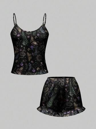 Goth Conjunto de camiseta y pantalones cortos de pijama con estampado todo sobre de mariposa gótica, piel de serpiente, hoja y floral, ropa de estar en casa informal