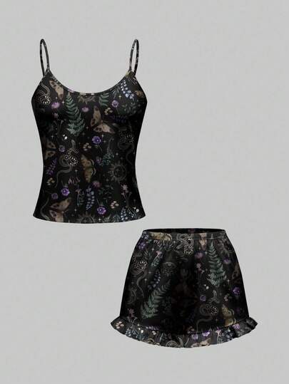 Goth Set pigiama con canotta e pantaloncini con stampa all-over di farfalle gotiche, pelle di serpente, foglie e fiori, abbigliamento casual da relax