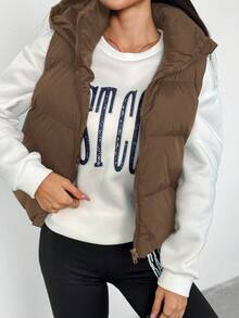 SHEIN Sparklyn 青少年女孩休闲百搭百搭日常保暖秋冬短款连帽棉衣背心 - 棕色 - 查看 6