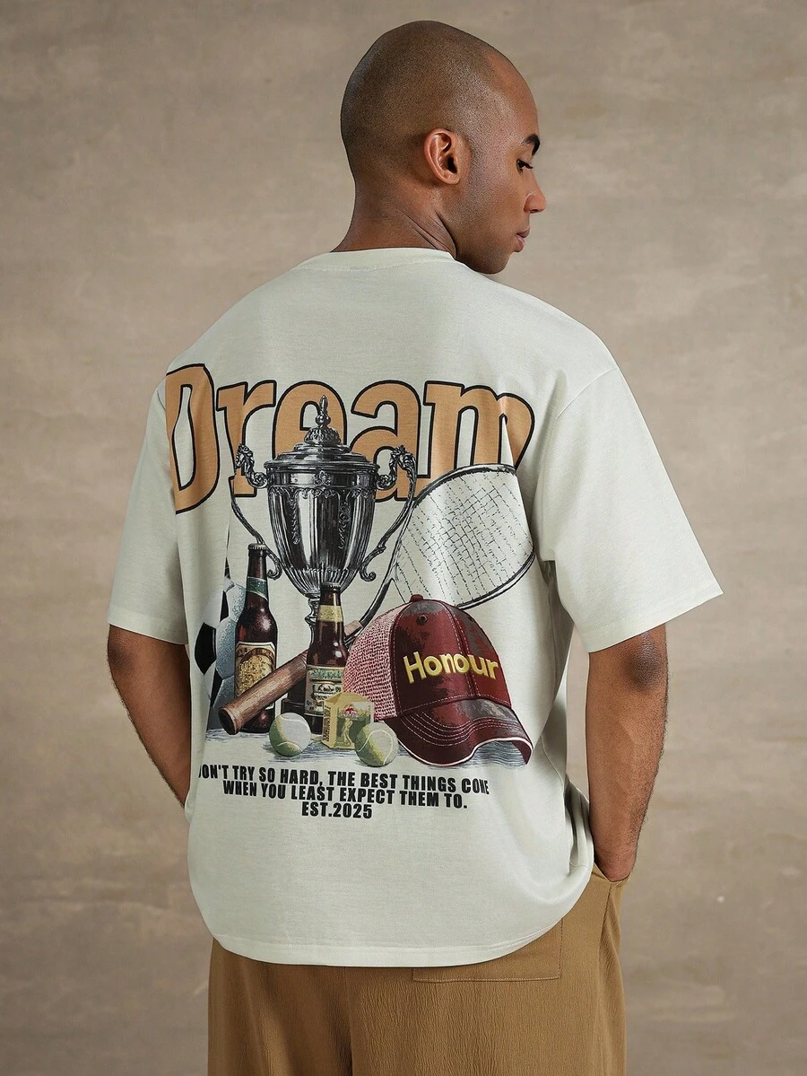 STYNVO 男士复古美式图案印花短袖圆领T恤 - 杏色 - 查看 1