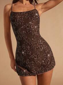 Glamine 女装秋季新款勃艮第彩虹亮片连衣裙，女装夏季新款浪漫性感露背迷你裙渐变色花卉 - 棕色 - 查看 5