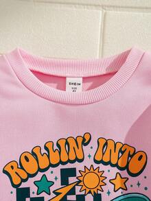 SHEIN Explorewe 2pcs Girls Rainbow Letter Print Crew Neck Long Sleeve Sweatshirt And Brown Flare Pants Set, Fashionable Casual Outfit For Spring/Autumn Fall Winter - Pink - View 7