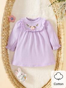 SHEIN 新生兒長袖米色圓領泡泡袖立體刺繡洋裝，可愛優雅、簡約舒適，適合秋季 - 紫色 - 查看 3
