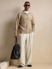 AKNOTIC Business Casual Suéter casual de diseño con cremallera y patrón de cable, para otoño/invierno, Navidad - Marrón Mocha - Ver 2