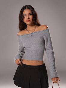 SHEIN Unity Áo len nữ tay dài trễ vai màu trơn, kiểu dáng thường ngày, thích hợp mặc mùa thu đông. - Xám - Xem 4