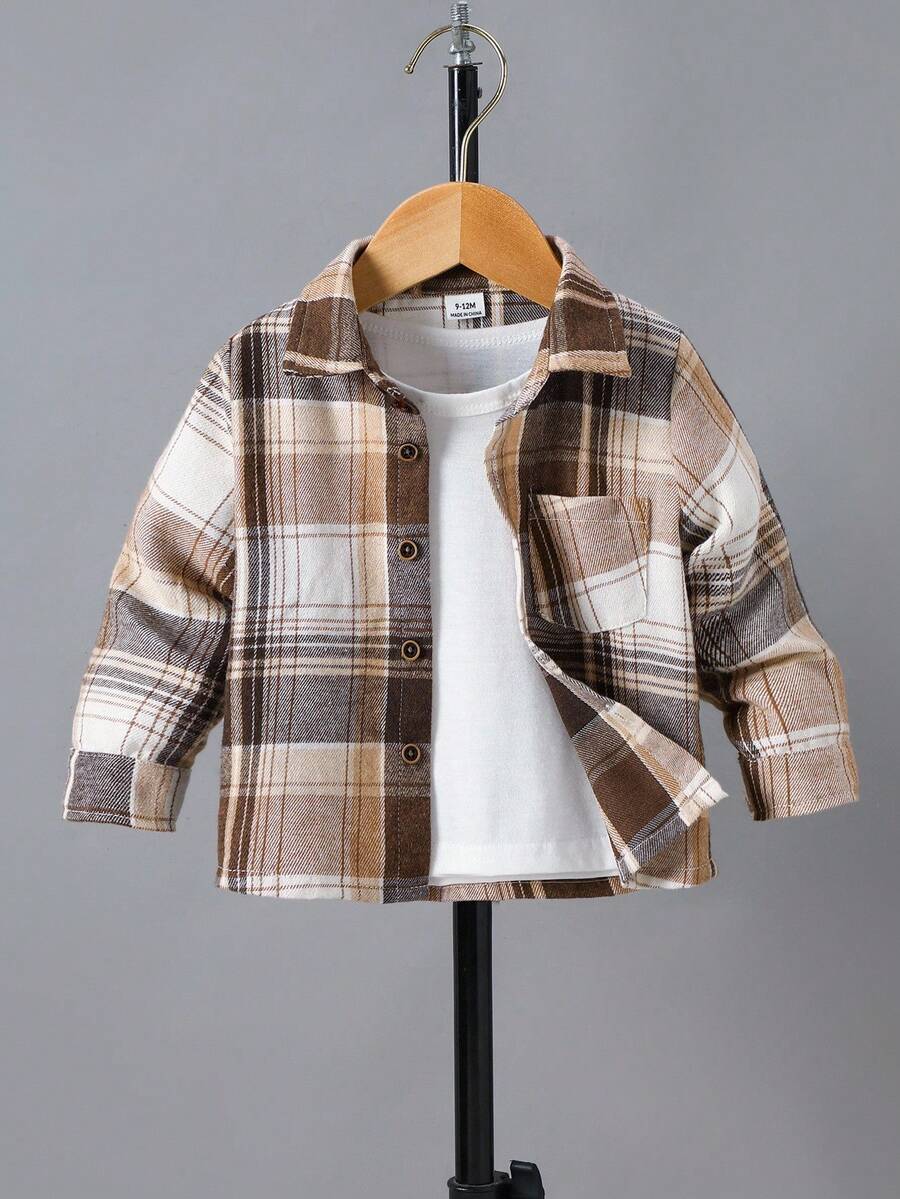 Áo sơ mi kẻ caro có túi vá cho trẻ sơ sinh/trẻ mới biết đi Unisex - màu nâu - Xem 1
