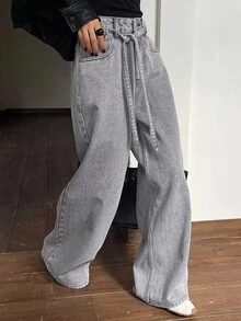 Livesso Women's Vintage Washed Loose Casual Street Outdoor Design Drawstring Waist Straight Leg Jeans, Suitable For Autumn & Spring - Grey - View 7