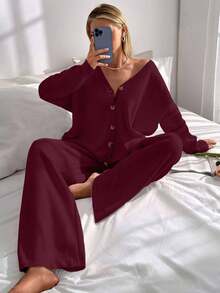 EURMUSE Drop Shoulder Cardigan & Tie Front Knit Pants Burgundy - Burgundy - View 6