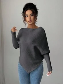 Elenzga 女式不对称蝙蝠袖圆领休闲优雅针织毛衣上衣，适合度假和节日，春秋冬 - 灰色 - 查看 3