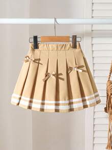 少女不对称蝴蝶结饰边百褶裙 - 卡其色 - 查看 4