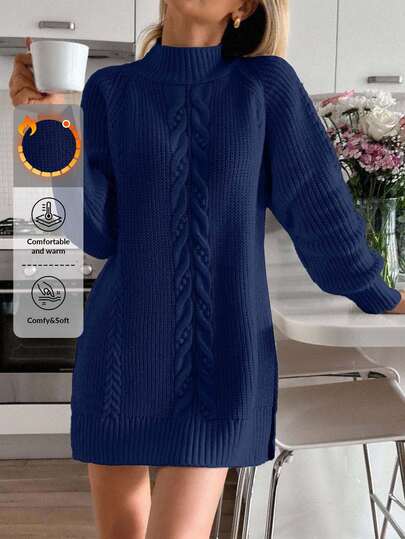 Casual Solid Color Stand Collar Side Slit Raglan Sleeve Sweater, Autumn/Winter