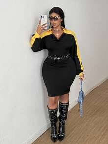 Maweii Plus Size Patchwork Fitted Draped Neck Casual Commuter Stylish Short Dress, Autumn/Winter