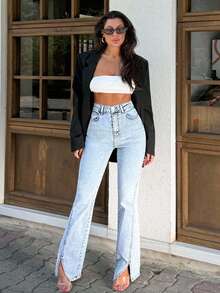 SHEIN Tall Tall FLARE MID WAIST SLASH CUFF JEANS - Light Wash - View 5