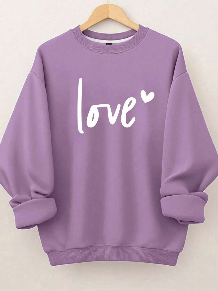EMERY ROSE Plus Size Women's Love Letter Heart-Shaped Pattern Printed Round Neck Sweatshirts Fall - Purple - View 1