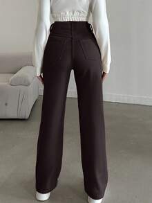 EURMUSE 100%Cotton HIGH RISE BEIGE WIDE LEG PETITE SIZE JEAN - Dark Grey - View 2