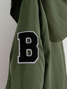 Genkimix Kids 1pc Boys' Autumn/Winter New English Letter Printed Military Green Front Pocket Zipper Hooded Thickened Casual Windbreaker Coat Fall - Army Green - View 5