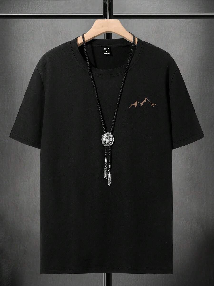 Manfinity Homme Plus Size Men's Casual Mountain Print T-Shirt For Summer - Black - View 1