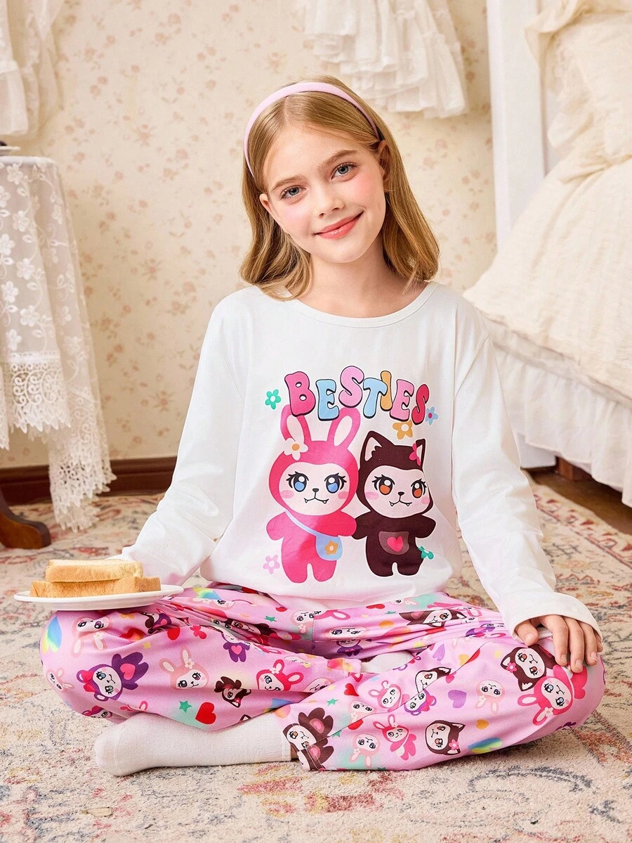 2 件卡通印花休闲长袖上衣和裤子套装，适合日常穿着，春秋季