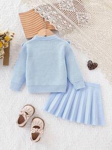 SHEIN 女婴时尚可爱百搭蝴蝶结百褶裙毛衣套装、外套