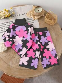 2pcs Setelan Sweater Turtleneck Motif Bunga Hitam dan Celana Panjang Lebar untuk Bayi Perempuan, Pakaian Rajut Musim Gugur yang Lucu, Setelan Musim Dingin Bermotif Bunga Warna-warni yang Serasi untuk Keluarga - Hitam - View 2