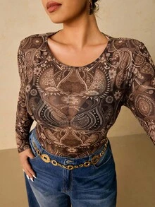 SHEIN VCAY Plus Size Casual Bohemian Geometric Print Brown Floral Pattern Round Neck Long Sleeve Fitted Knit Base Layer Top T-Shirt