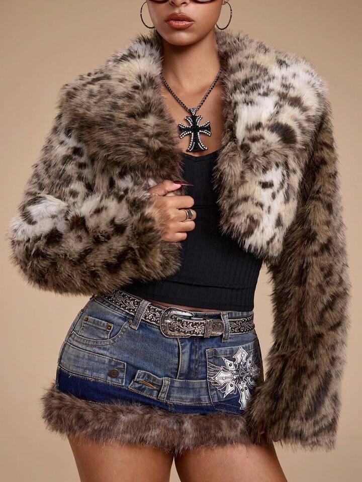 Our Grunge Punk Y2K Cropped Faux Fur Leopard Print Jacket is such