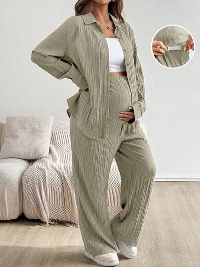 SHEIN 2pcs Maternity Casual Set: Solid Color Long Sleeve Button-Up Shirt And Adjustable Waist Pants, Autumn Two Pieces Set Women Comfy 2 Pieces Lounge Sets Woman 2 Pieces Linen Sets Woman Maternity Clothes Two Pieces Suits Pants Suit