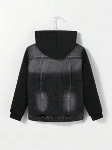 Tween Boys' Denim Hooded Jacket, Vintage Streetwear Casual College Style, Black Washed Denim With Black Knit Patchwork, Suitable For Outings, Dates, Daily College Looks, Leisure & Holiday, Street Photography, A Versatile Fashion Piece For Autumn/Winter - Black - View 2