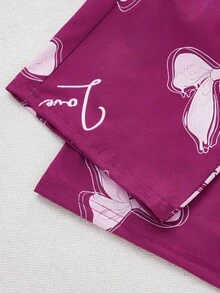 女童休闲宽松蝴蝶印花睡衣套装，优雅可爱，轻盈，秋冬，紫色 - 紫色 - 查看 5