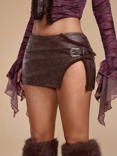 Grunge Punk Gonna mini sexy a vita bassissima, con spacco laterale, in stile vintage Y2K, in pelle sintetica