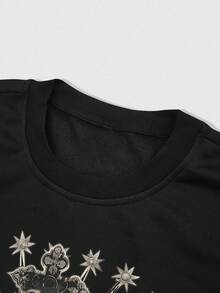 ROMWE MEN Street Life Men's Casual Slogan Virgin Mary Print Round Neck Long Sleeve Loose T-Shirt, Autumn - Black - View 3