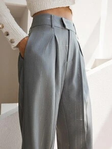 Lumivelle Quần ống đứng kẻ sọc kim tuyến tối giản thanh lịch dành cho nữ, thích hợp để đi làm, mùa thu/đông - Xám - Xem 5