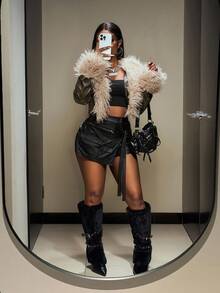 Slaydiva 2025 Autumn And Winter New Street Casual Brown Fitted PU Splicing Fur Collar Long Sleeve Cropped Women Jacket, Suitable For Daily Travel, Commuting, Party Gatherings, Festivals, Travel, Casual Street, Back To School, Hot Girls, Nightclubs-A