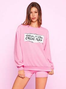 Mean Girls | SHEIN 女式休闲标语图案落肩宽松套头衫和紧身短裤套装，春秋季 - 粉色 - 查看 3
