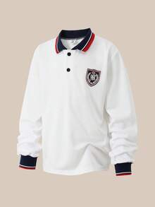 SHEIN Explorewe Tween Boy Casual Sports Preppy-Style Long-Sleeve Polo Shirt With Half-Open Collar And Horse Pattern Embroidery, Full-Match Comfort Design. Suitable For Outdoor Activities, School, Vacations, Gatherings, Home Wear, Spring, Summer, Short Trips, Holidays, Leisure Time, Sunbathing – 2025 Back-To-School Preppy And Campus Sports Attire. Fall Winter - White - View 3