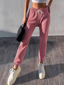 SHEIN Cottnline Solid Color Slanted Pocket Sweatpants - Pink - View 3