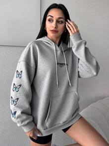 RueChic Women's Autumn/Winter Letter & Butterfly Print Drop Shoulder Hooded Sweatshirt With Drawstring - Light Grey - View 5
